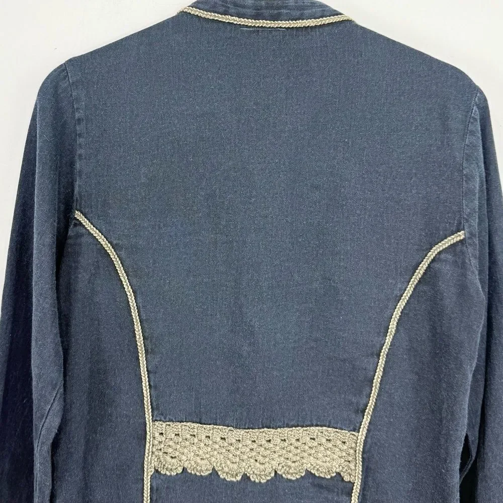 Parsley & Sage Blue Tan Cotton Denim Embroidered Lightweight Boho Jacket